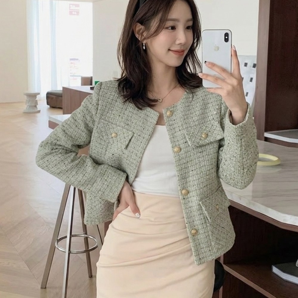 제이네오 트위드 자켓 여성 민트 라운드 노카라 미디 재킷 데일리 클래식 재킷 29,800원
