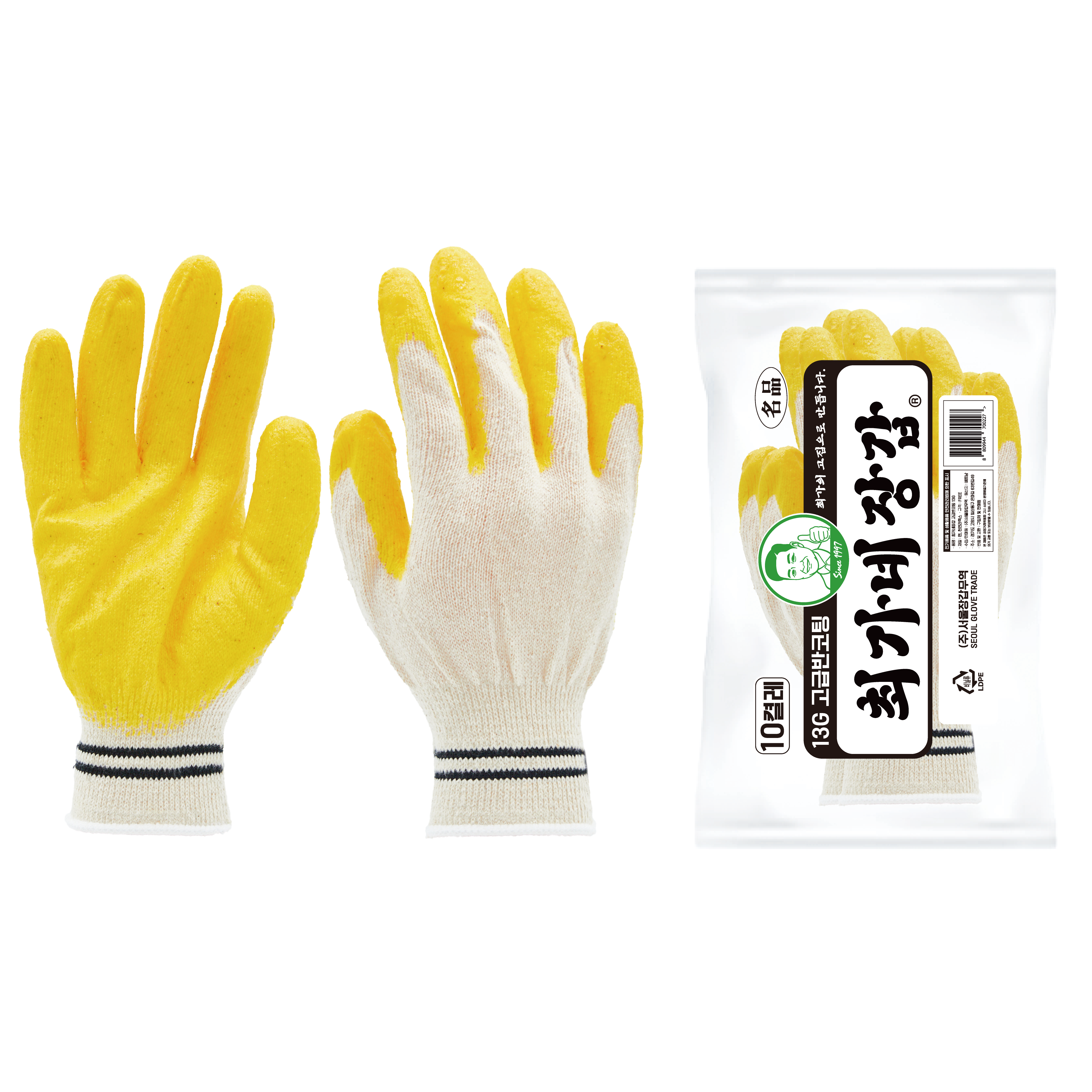최가네장갑 고급 황반코팅 13G 100켤레 코팅장갑 줄무늬 흑선 두줄 작업 장갑 노랑 노란색 반코팅 황색 반코팅 황코팅, 100세트, 황색 36,000원