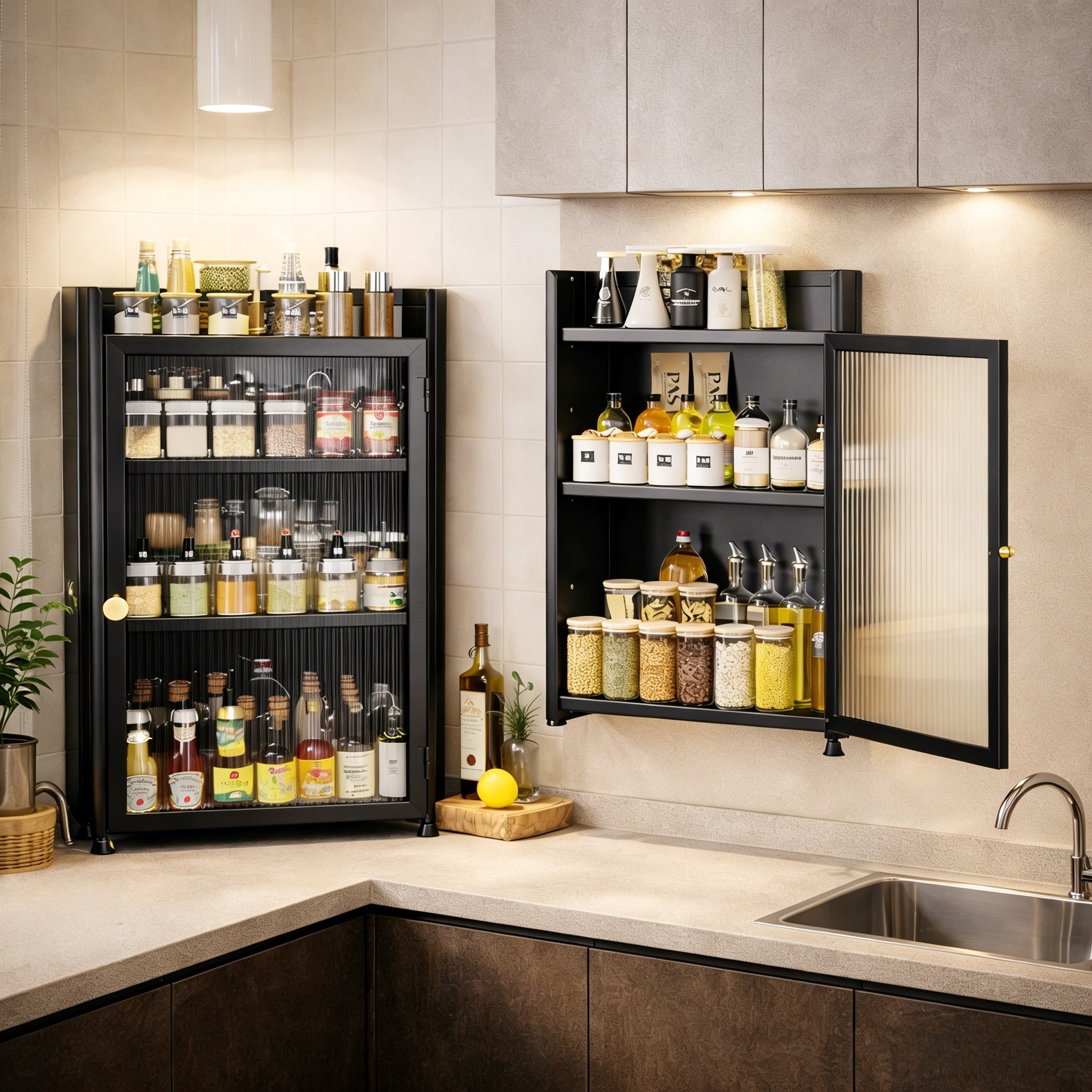 GOOD MOMENT 주방 수납장 카본강 스틸 먼지차단 슬라이딩 도어 조리대 코너 수납, 1개, 블랙 41,900원