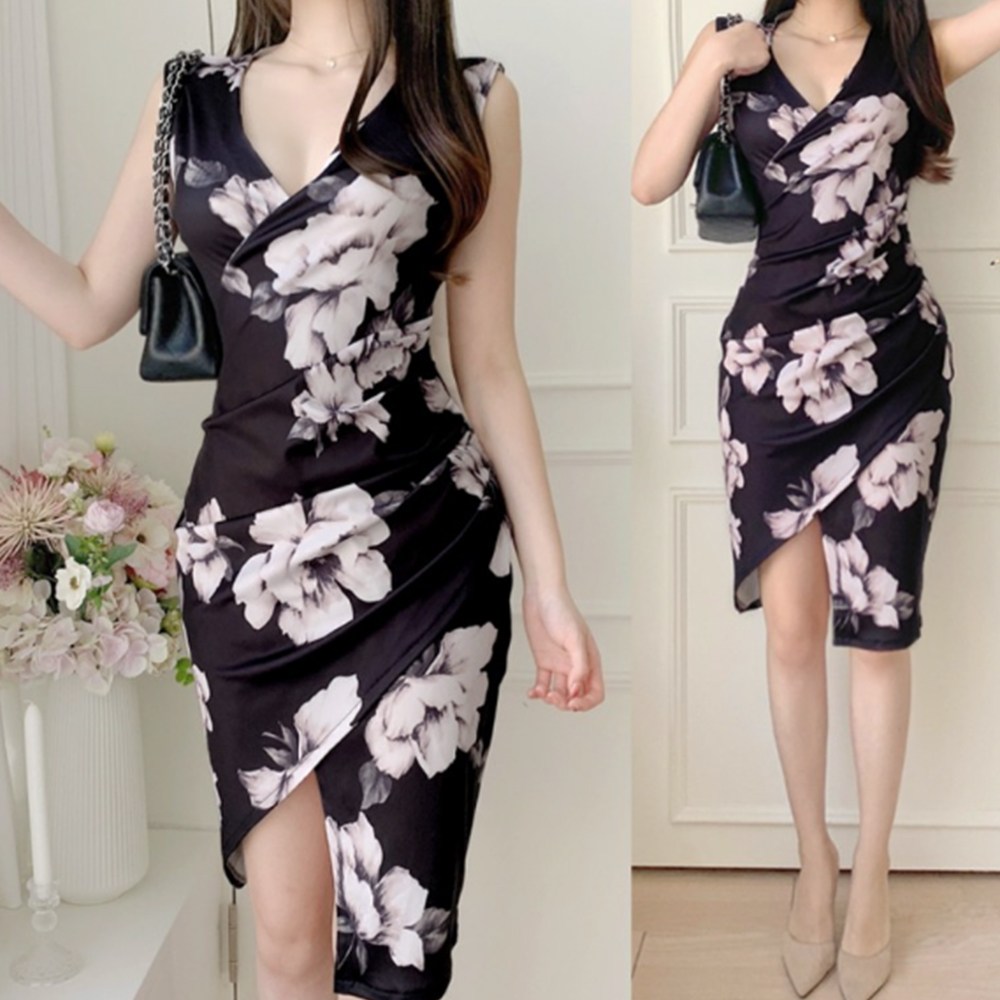 화인홈 여자원피스 플라워 원피스 편안한 언밸런스 여친 여름 여성 프린트 브이넥 스커트 데일리 트임  나시 롱 원피스 여자 꽃무늬 브이넥 셔링 랩 스커트 바캉스룩 49,800원