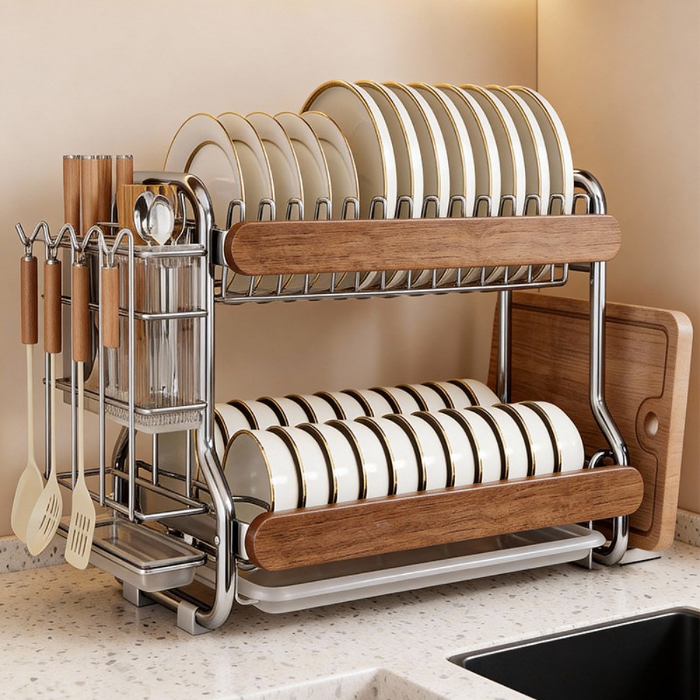 Homi Zon 튼튼한 2단 스테인리스 식기건조대 물빠짐 무타공 접시 그릇 수납 정리대, 1세트, 스텐, 2단 41,990원