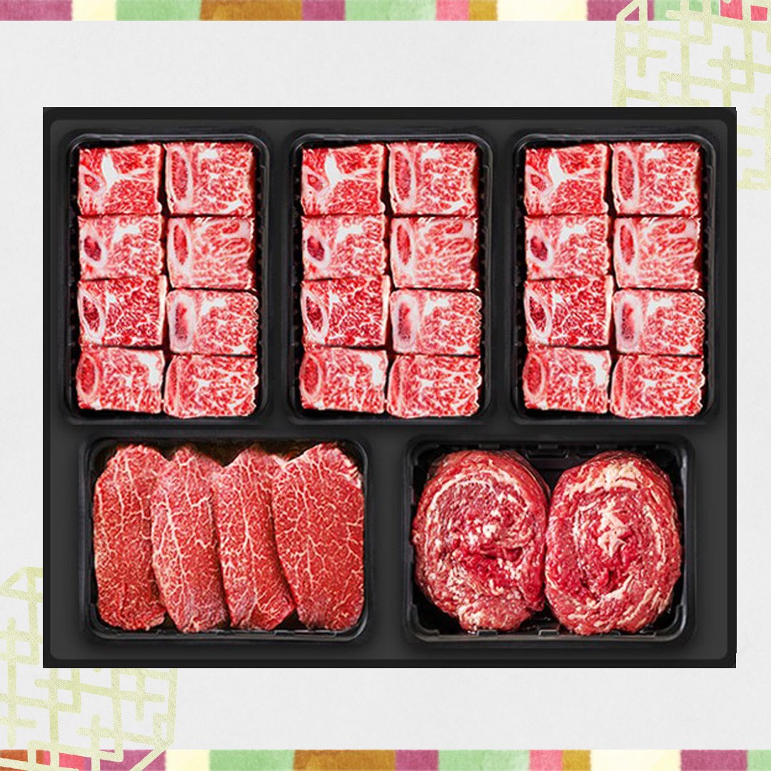 횡성한우 5구 [쿠가] 혼합선물세트3[찜갈비700gX3+안심or채끝500g+불고기500g]총3.1kg 362,500원