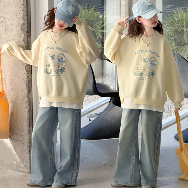 비비키드 여아 신상 주니어 상의 초등생 하의 세트 봄 가을 세트 초중생 리본장식 강아지 일러스트 페이크레이어드 긴팔 데님 긴바지 초등생 상하세트 (F006) 44,800원