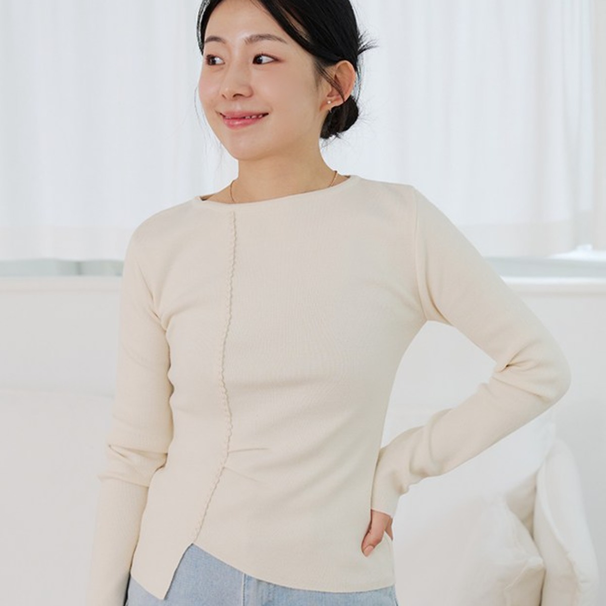 [메리브] 볼레이스니트 여성 라운드넥 봄가을 니트 언발란스 슬림핏 긴팔 니트 2color 34,900원