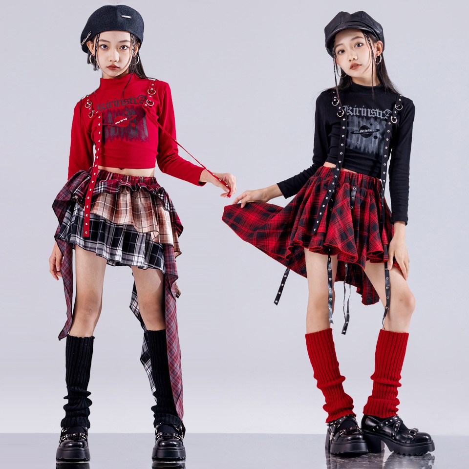 메이징키즈 주니어 여아 체인 힙합 스트릿 크롭 카고 체크 치마 댄스복 44,400원