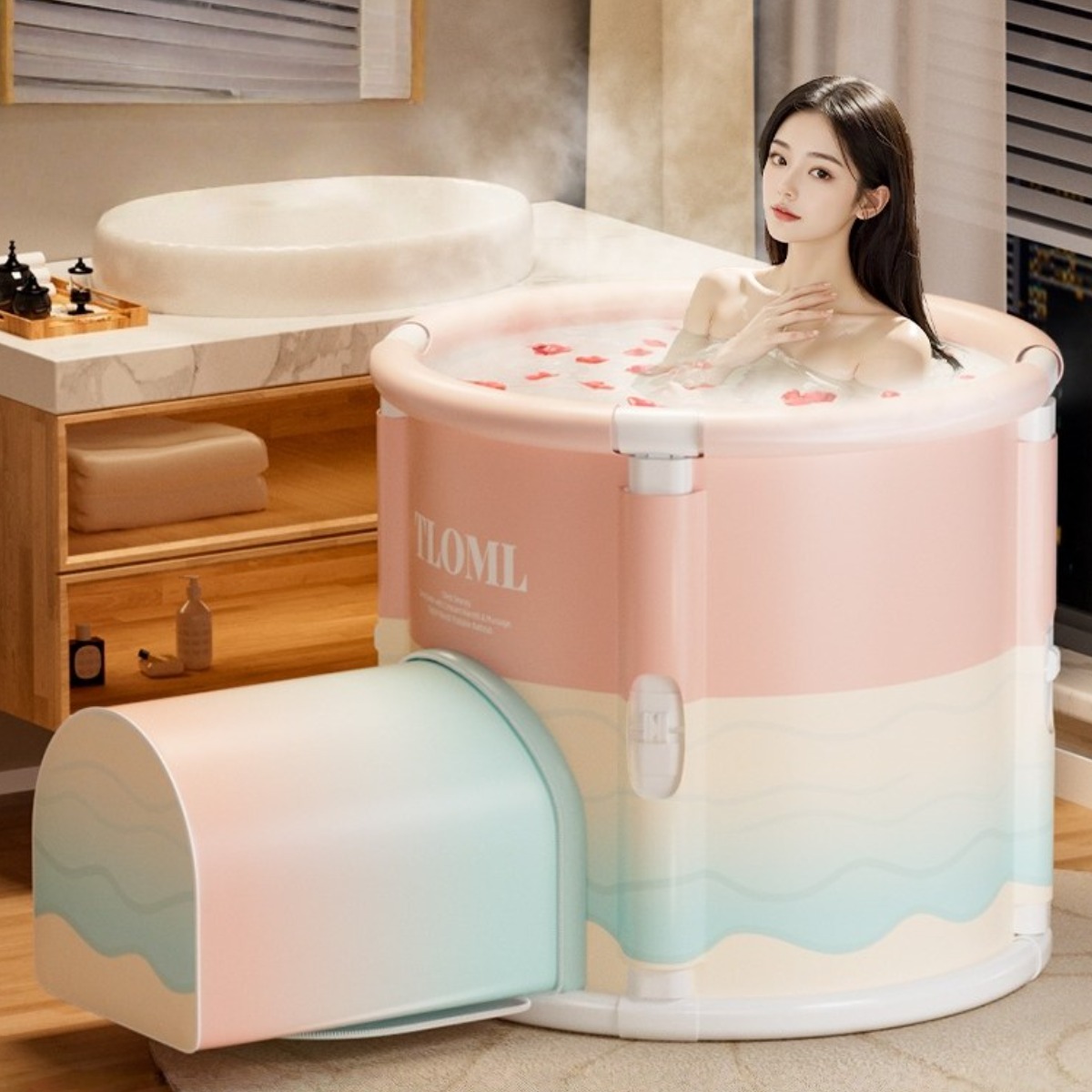 TLOML 욕조 접이식 욕조 이동식욕조 성인 무조립 원터치 간이욕조 반신욕조 다리공간 포함 목욕탕, 1세트, 핑크 76,950원