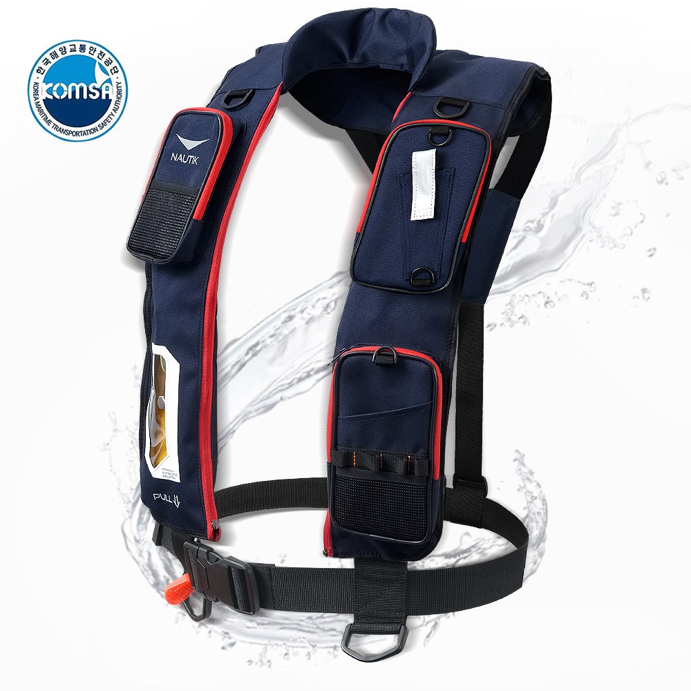 자동팽창식 구명조끼 해양수산부 인증 수분감지 국내제작생산 KOMSA 성인 착용성 얼음 바다선상 겨울낚시 레져 노틱 해수부인증, 노틱포켓_네이비 106,480원