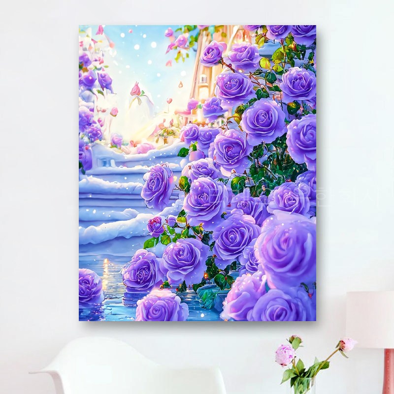 보라색 장미꽃 보석십자수 캔버스형 원형비즈십자수 DIY키트 40x50cm 3D 대형 재물 선물용 객실 풍수 인테리어 23,800원
