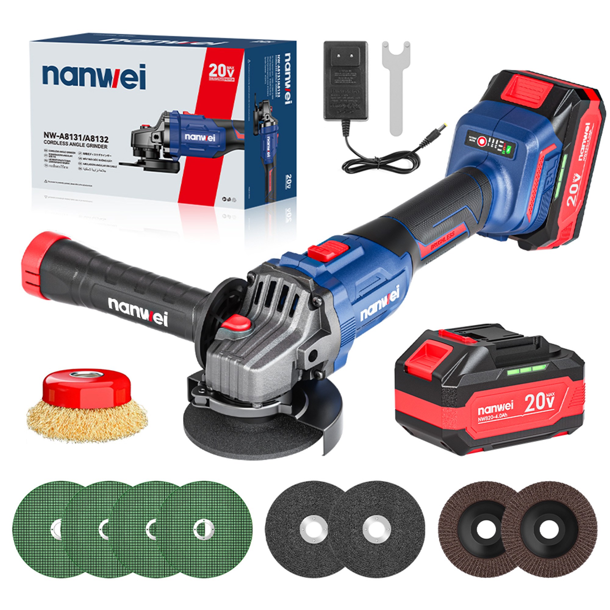 NANWEI 무선 충전식 전동 BLDC 브러시리스 그라인더 9800RPM 핸드 연마기/광택기 절단 절삭 연마 (3 가지 모드 조절) 전력량 표시 4.0AH 배터리 2개 풀세트 149,000원