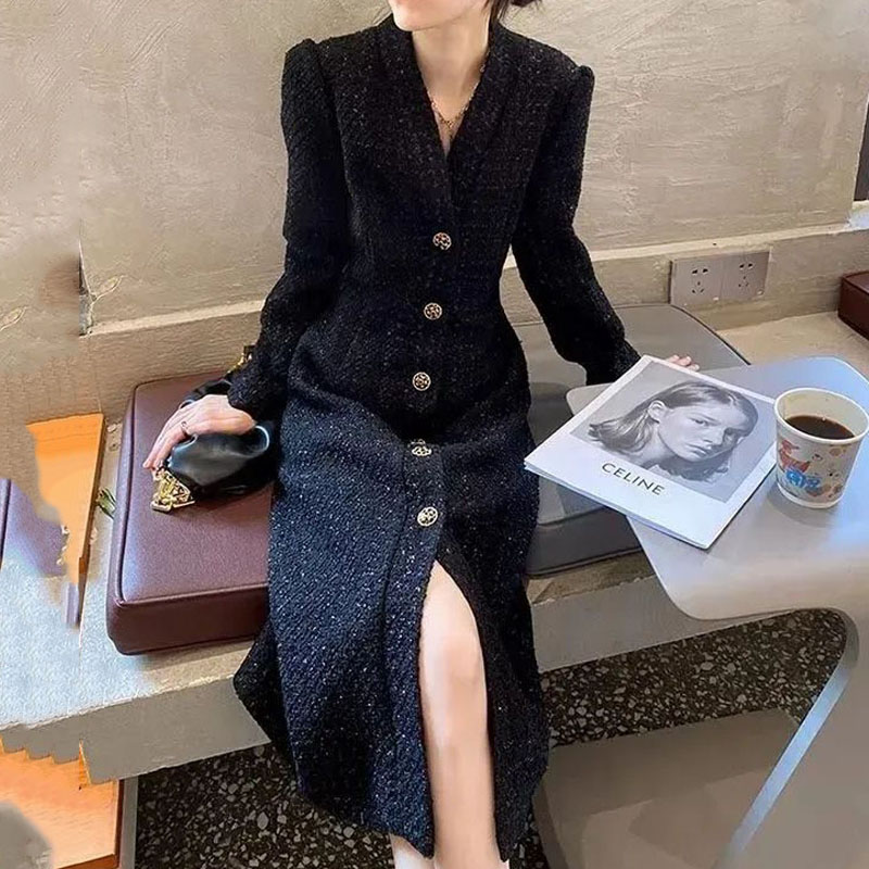 COSYEVNO 여성 봄 트위드 원피스 심플 통근 브이넥 A라인 롱원피스 OL 38,900원