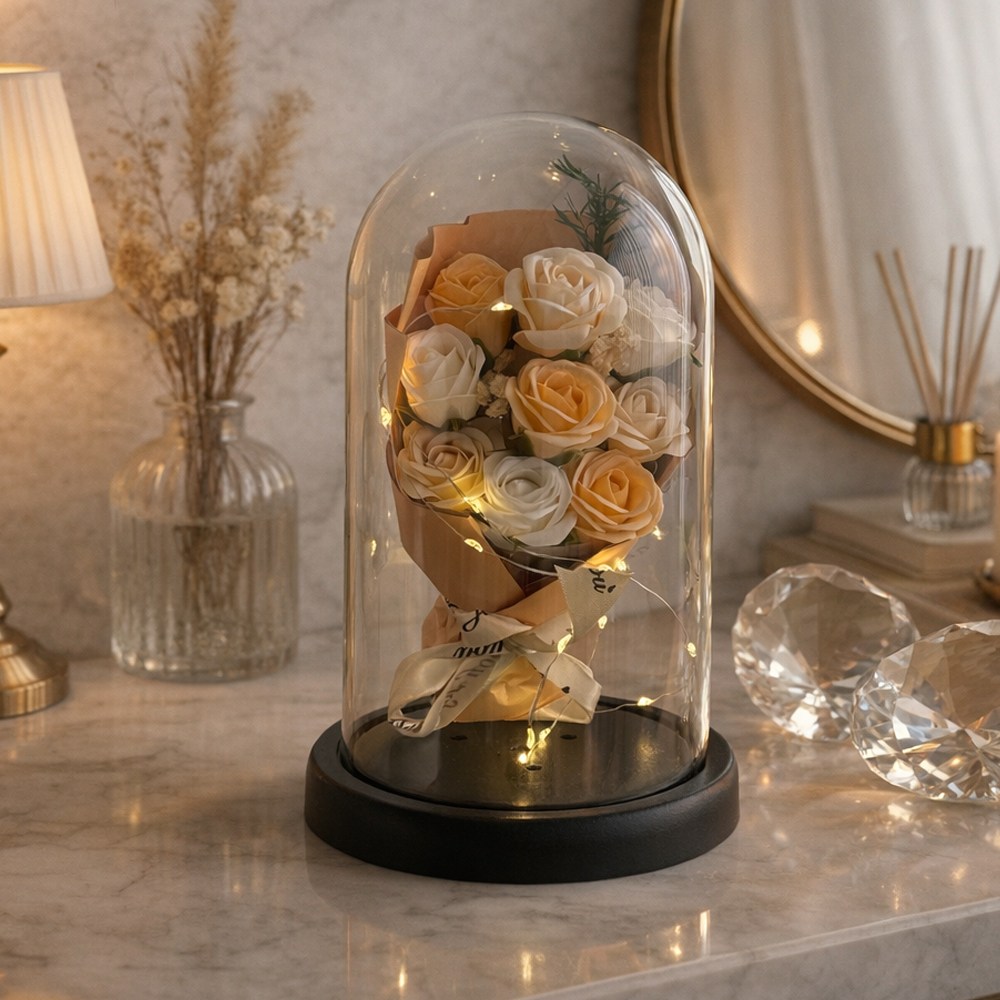 [건전지포함] 에이무드 꽃다발 유리돔 기념일선물, 샴페인 로즈 19,500원