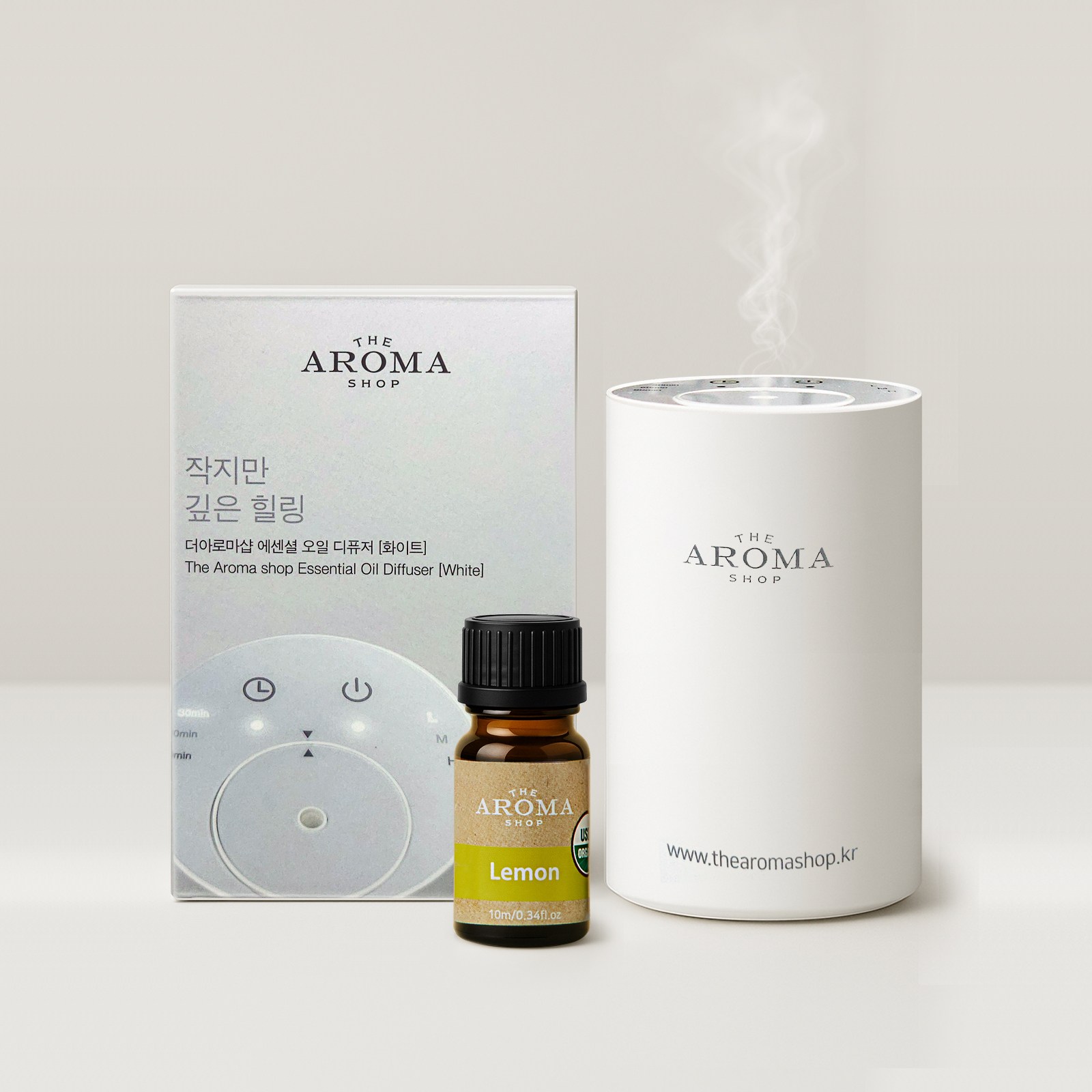 [전자 디퓨저+에센셜오일 1종] 네뷸라이징 실내 차량용 방향제 / C타입 USB 충전식 무선 아로마 디퓨저 세트 / 자동분사 더아로마샵, 1개, 10ml, 전자디퓨저(화이트)+오가닉 레몬 10ml 49,000원