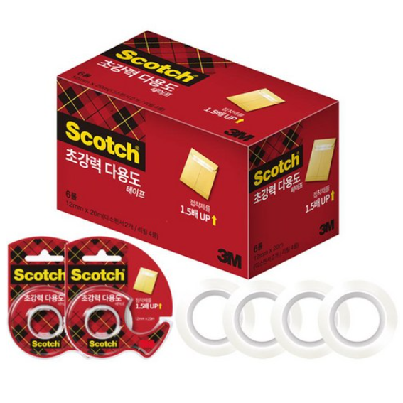 스카치 다용도 테이프 초강력 12mm x 20m 디스펜서 2개 + 리필 4롤, 현재가 24,620원