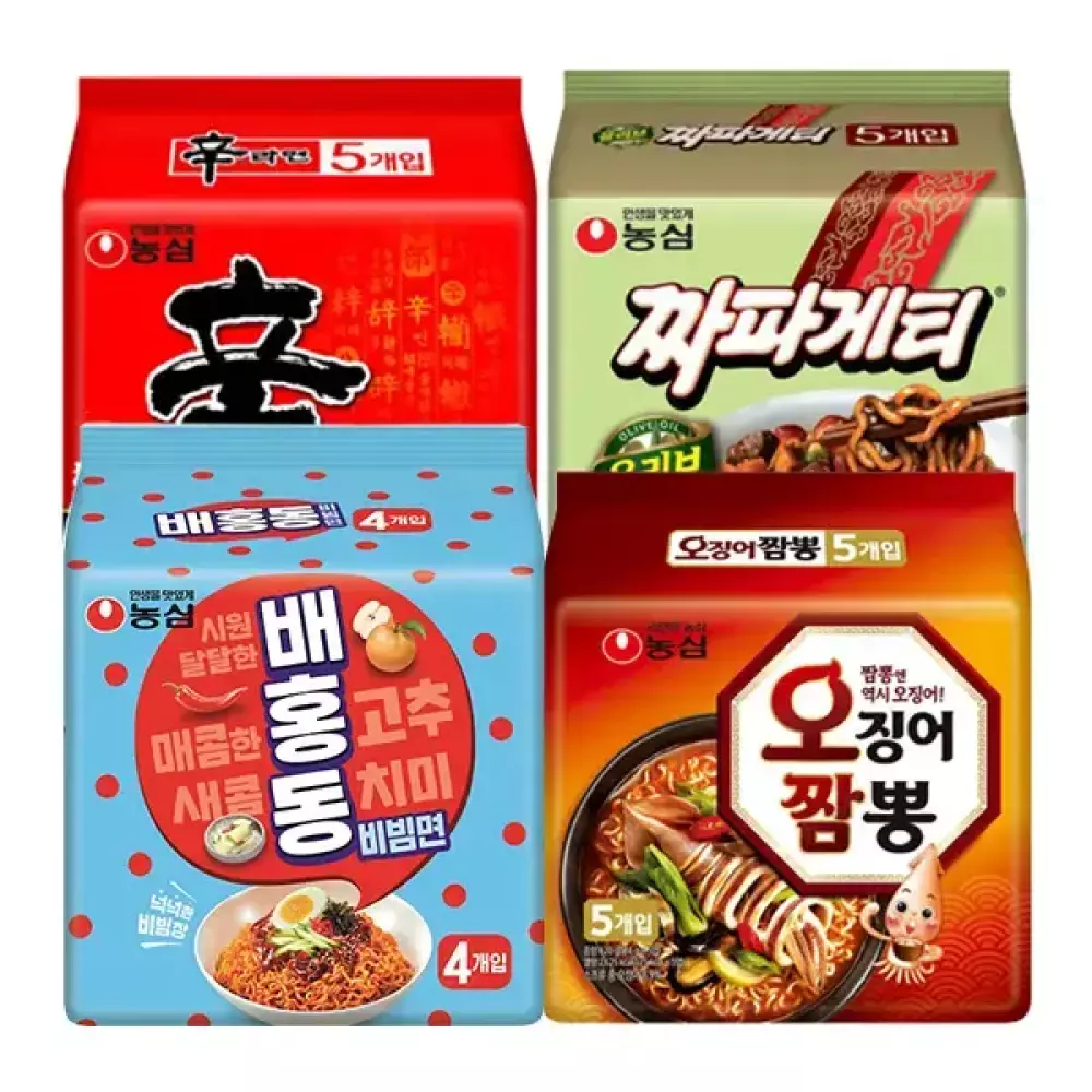농심 신라면 120g, 5개 + 짜파게티 140g, 5개 + 배홍동비빔면 137g, 4개 + 오징어짬뽕 124g, 5개 28,500원