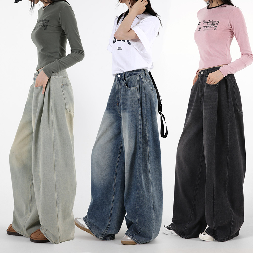 오버나인 여자 여성 와이드핏 벌룬 데님 워싱 핀턱 팬츠 청바지 28,900원