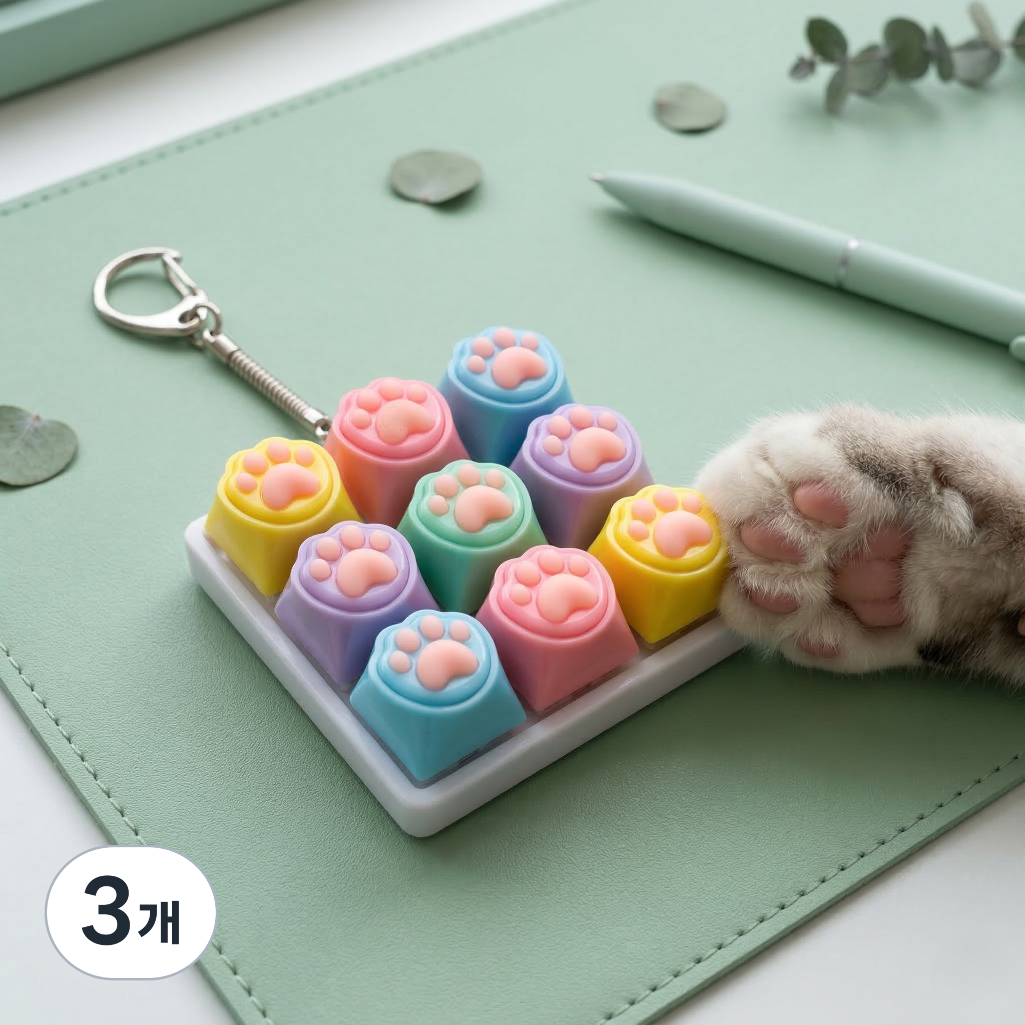 고양이 젤리 9구 키캡 딸깍이 키링 발바닥 키보드 열쇠고리 피젯토이, 3개, 파스텔 혼합색상 29,840원