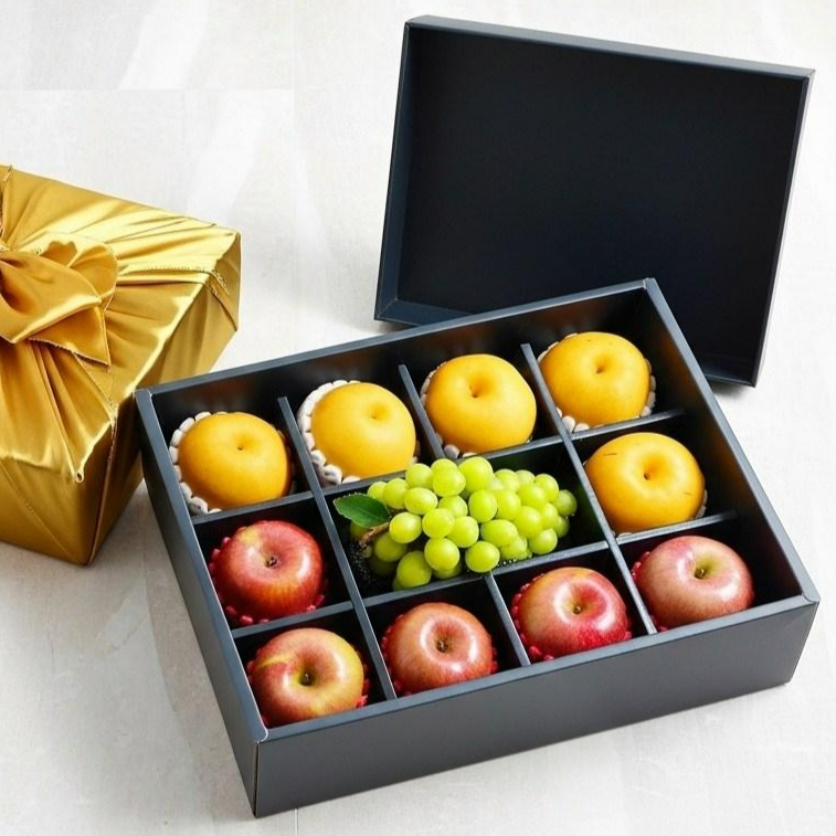 [백화점납품] 고급 포장으로 마음 전하는 12칸 보자기 과일 선물세트, 1박스, 하모니과일세트/사과5+배5+샤인머스켓1 122,590원