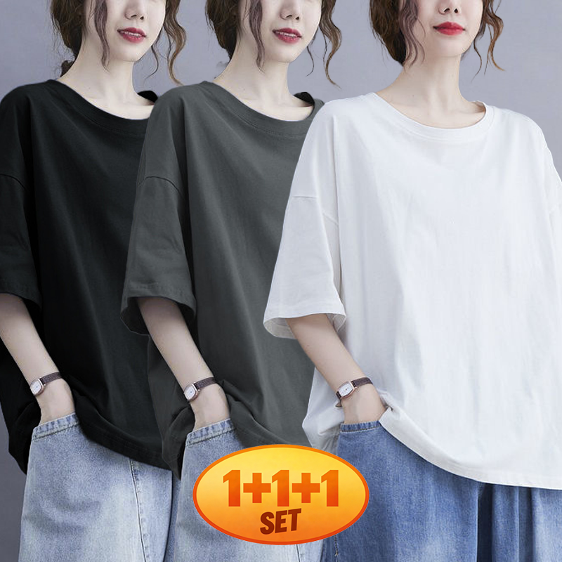 고급감 신상 상의 반팔 예술적 캐주얼 연령감 줄이는 여성용 티셔츠 150KG까지 날씬해 보이는 여성 티셔츠 여름 빅사이즈 루즈핏 1+1+1 3장입 29,580원
