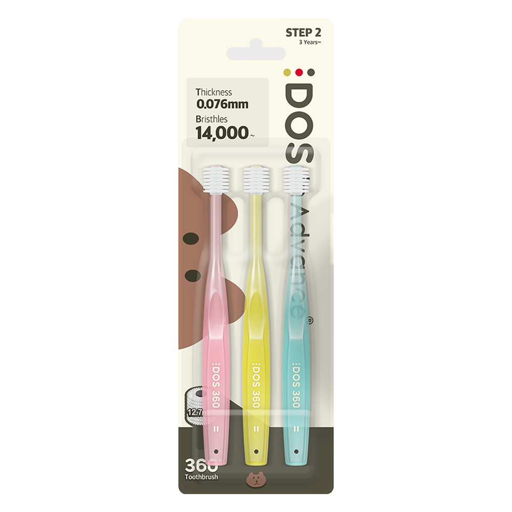 DOS 유아용 360도 칫솔 2단계, 라이트핑크 + 레몬 + 아쿠아블루, 3개입, 1세트 13,300원