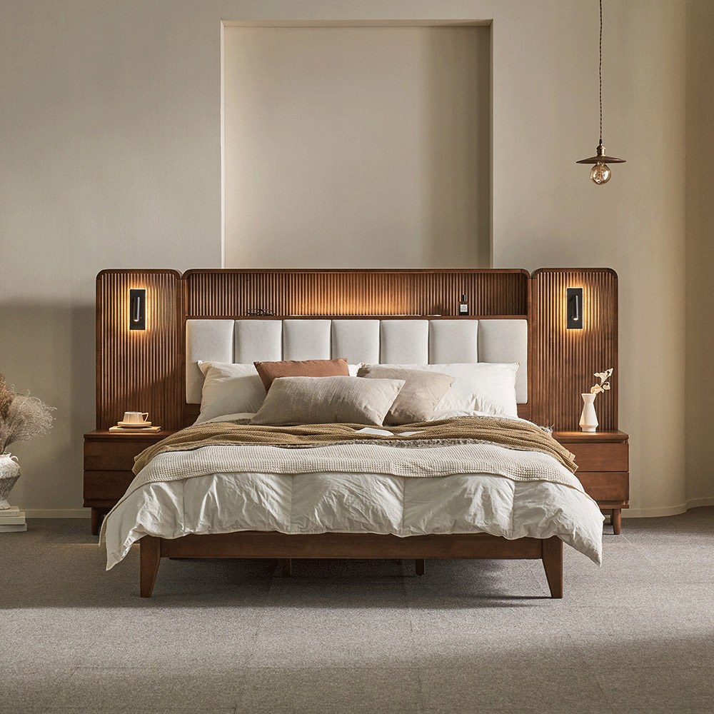 쏠앤까사 스텔라 고무나무 원목 평상형 조명 호텔형 침대프레임 SS Q/K LK, 1. 협탁없음 (프레임만) 499,000원