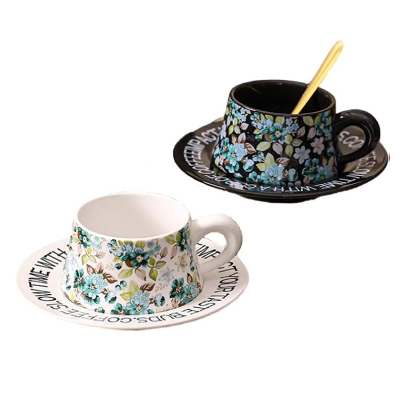 StarR 레트로 플라워 패턴 세라믹 커피잔 2개입, 블랙 + 화이트, 1세트 19,600원