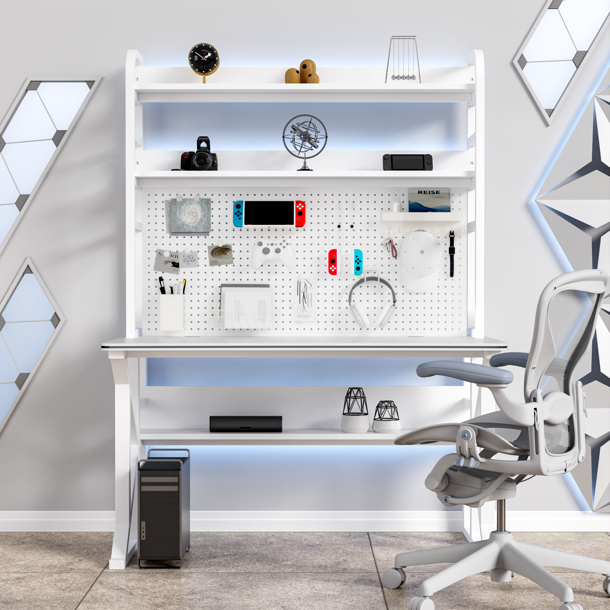 CProsis 컴퓨터책상 타공판 수납후크 추가 가능 게이밍 홈오피스 학생용 1000/1200/1400/1600mm, 흰색-타공판 198,000원