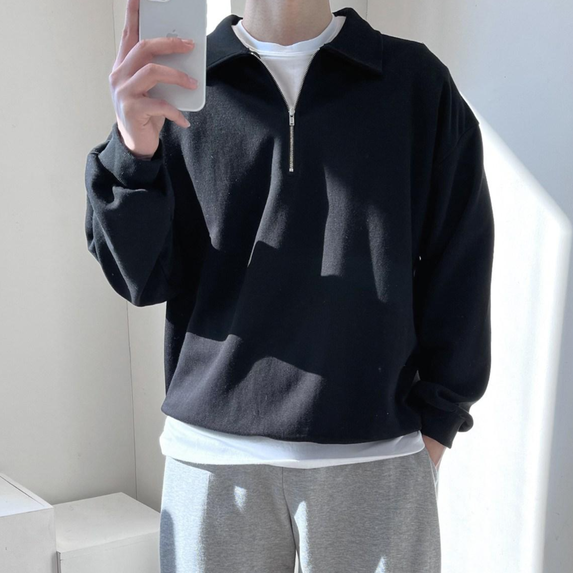 룩샵 남자 남성 데일리 오버핏 무지 카라 특양면 반집업 맨투맨 29,800원