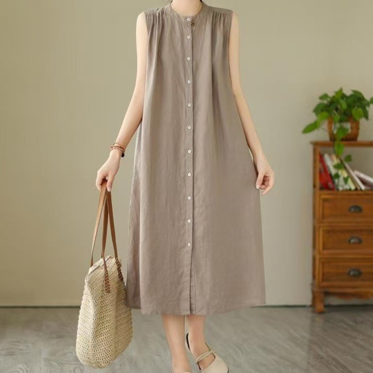 타임퓨어 여성 여름 루즈핏 캐주얼 롱 캐주얼 민소매 솔리드 원피스 라운드넥 시원한 휴양지 민소매 나시 원피스 27,220원