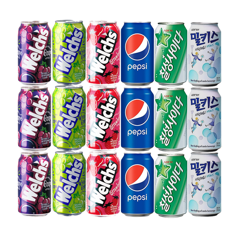 웰치스 그레이프맛 + 웰치스 화이트그레이프맛 + 웰치스 스트로베리맛 + 펩시콜라 + 칠성사이다 + 밀키스, 18개, 355ml 21,800원