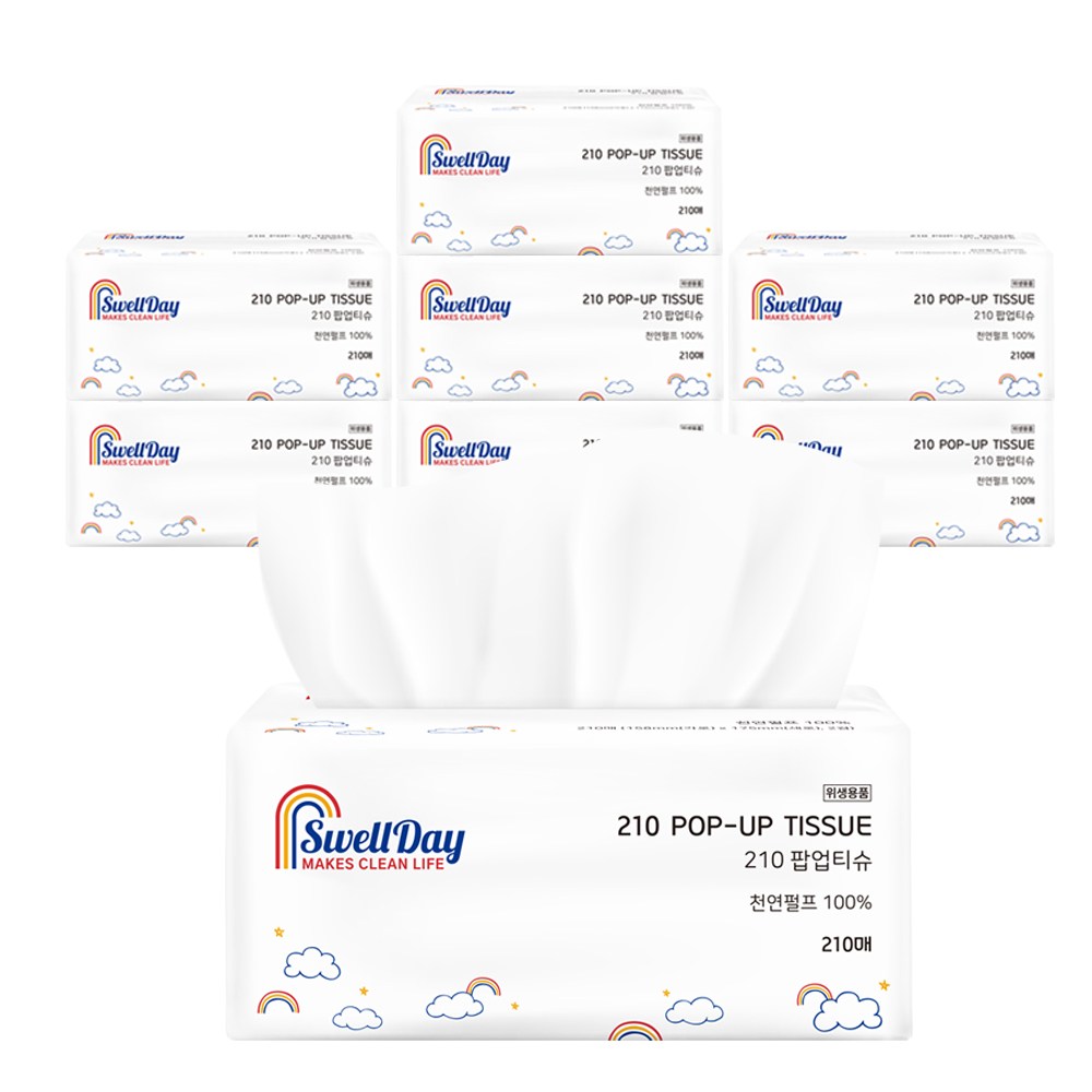 스웰데이 210 팝업 천연펄프 미용티슈 2겹, 210매입, 8개 9,820원