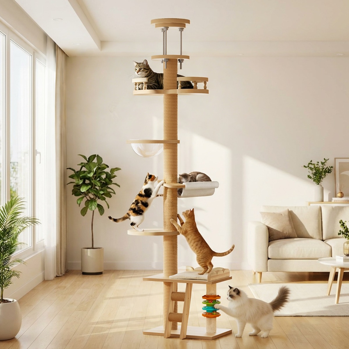 천장까지 닿는 공간 절약형 고양이 스크래처 삼마 섬유 기둥 다기능 휴식 공간 + 발톱 갈기 + 놀이터,소/중/대형 고양이 모두 사용 가능 75,750원
