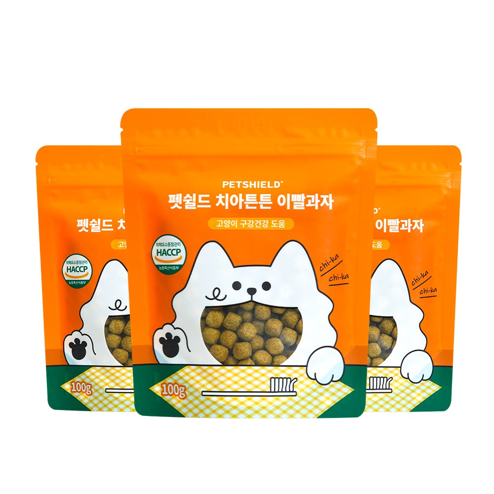 펫쉴드 고양이 덴탈 치아튼튼 이빨과자 치석 입냄새 제거, 3개, 100g 17,640원