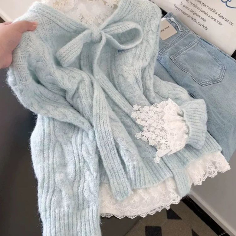 ORZQU 봄가을 여성 니트 케주얼 패션 오버사이즈 리본 블라우스 스트랩 패치워크 니트 가디건 28,600원