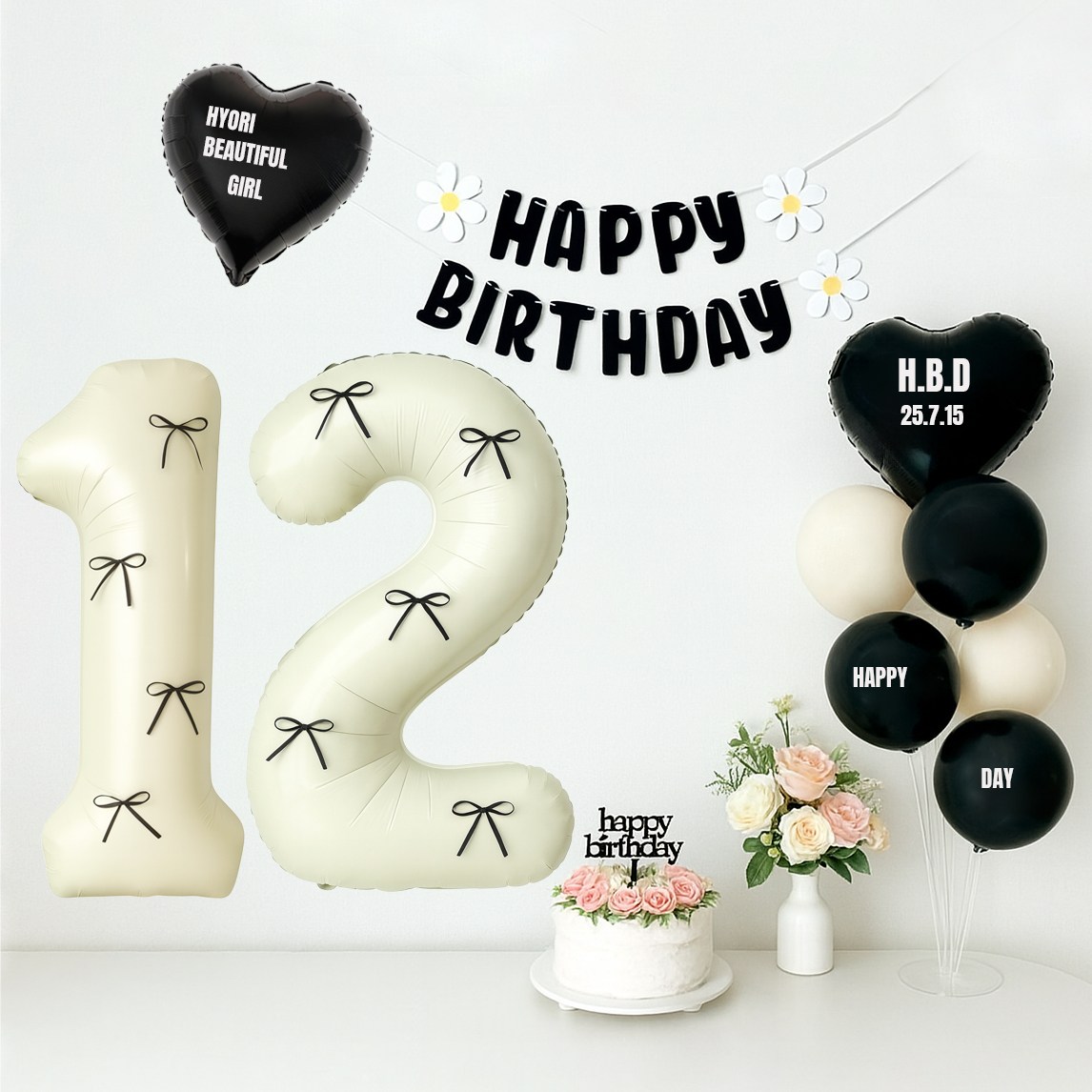 해피제이니 블랙앤크림 초대형 리본 숫자풍선 생일가랜드 파티풍선 세트(프리레터링 시트지 포함) 14,900원