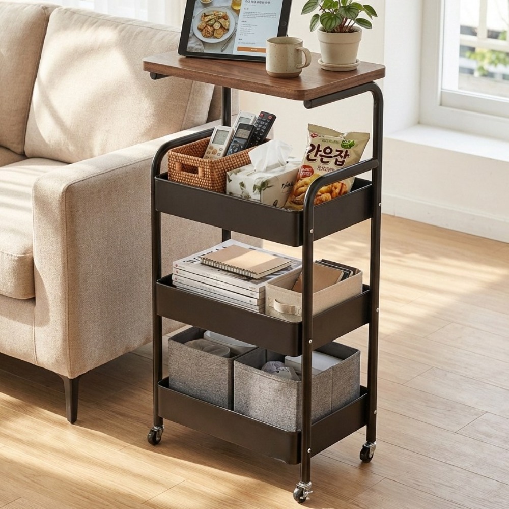 [당일출고] FOOI 이동식 4단 트롤리 철제 수납카트 바퀴형 선반 360도 회전 다용도 정리대 5시전 당일발송, 4단, 원목 블랙 39,900원