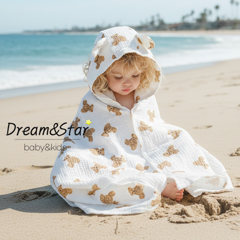 [꿈과별]곰돌이 거즈 후드 블랭킷 목욕가운 수영장 물놀이 싸개 바캉스, 화이트(곰), 1개 19,800원