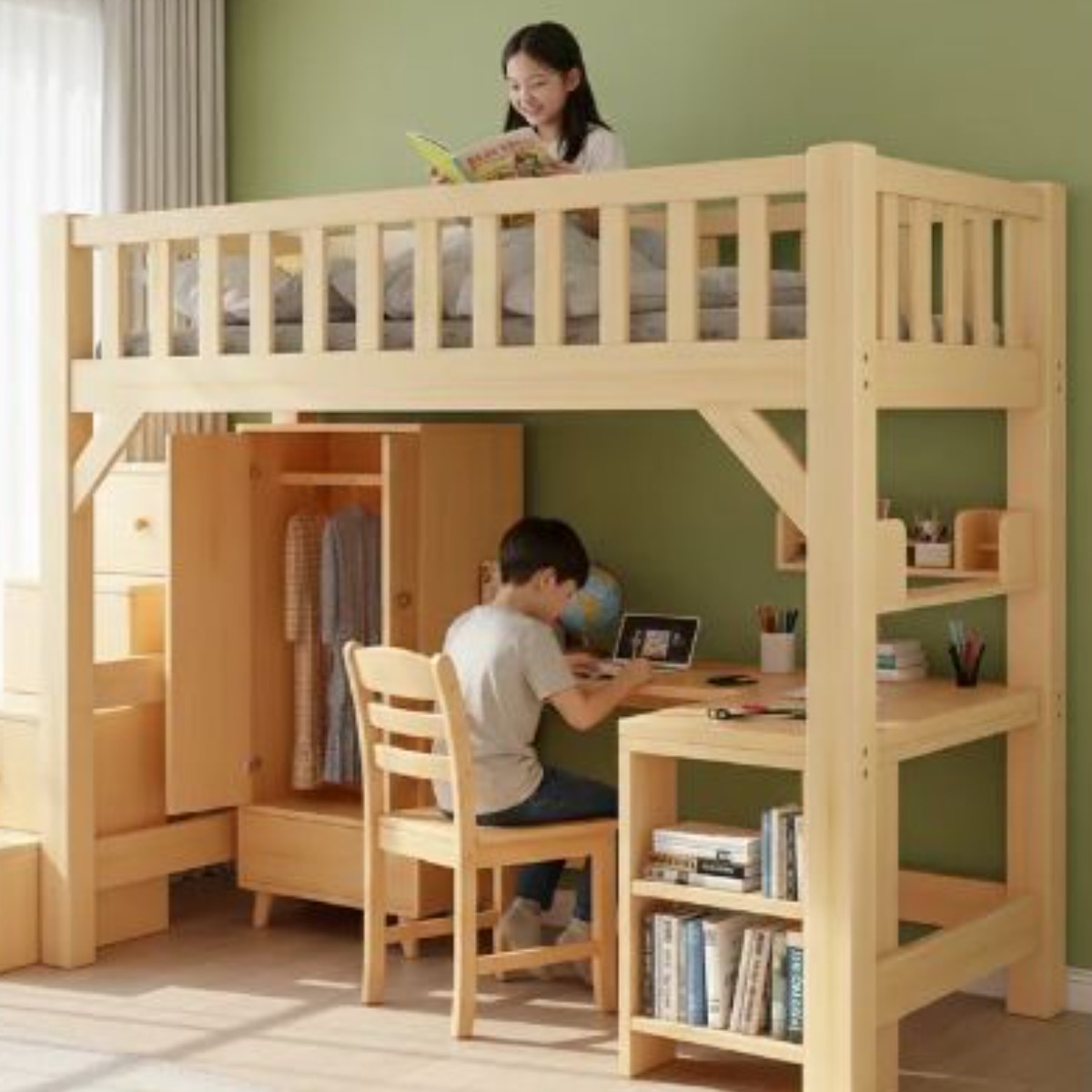 케어픽 공간활용 원목 벙커침대 수납 침대 2층침대 책상 작은방 인테리어 세트 옷장, 침대 350,000원