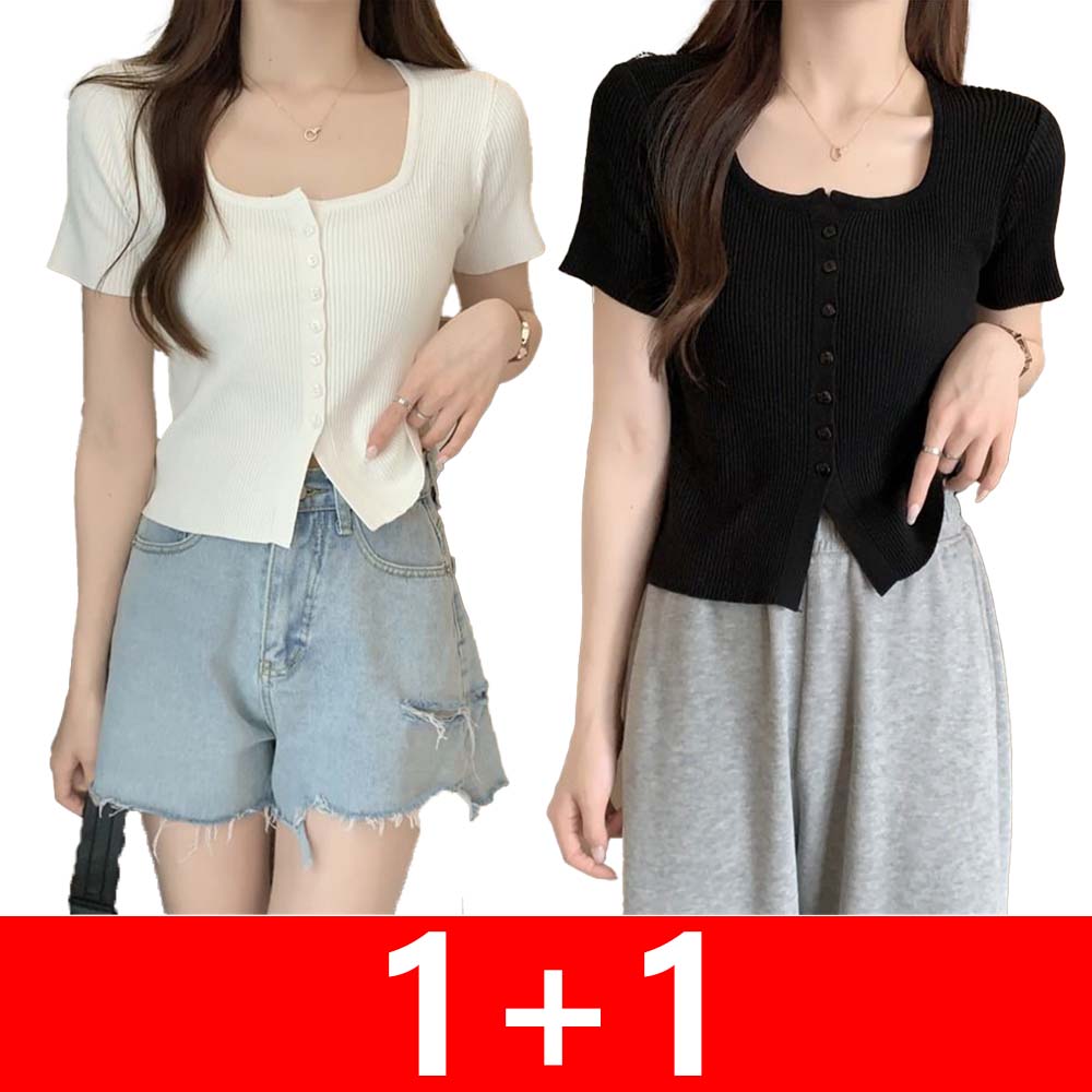 IWMAFT 2종 세트여성 여름 아이스 니트 반팔 가디건 슬림핏 버튼 오픈 스퀘어넥 세로골지 데일리 FC78 21,800원