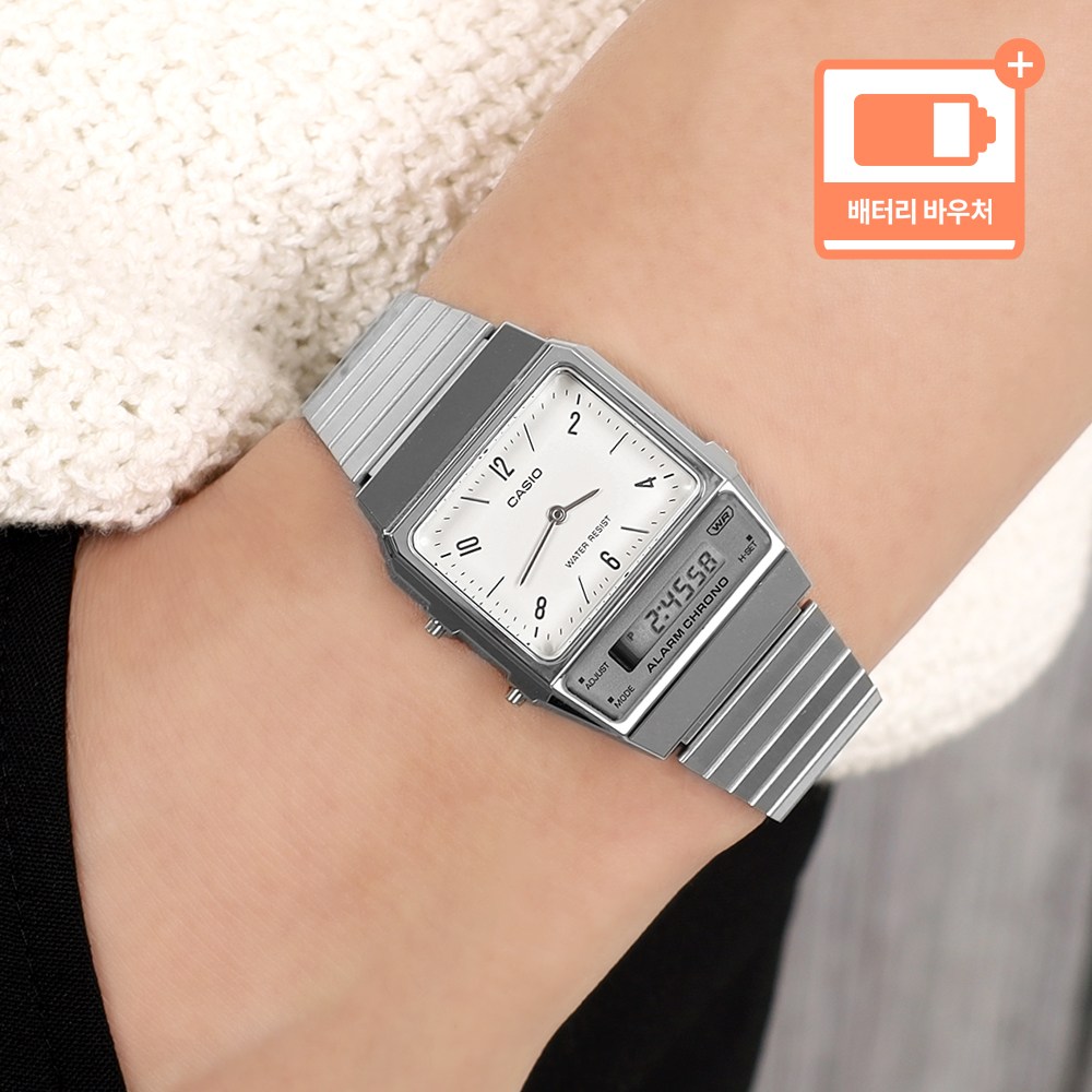카시오 빈티지 사각 아나디지 방수 캐쥬얼 공용 메탈 시계 + 배터리 바우처 72,750원