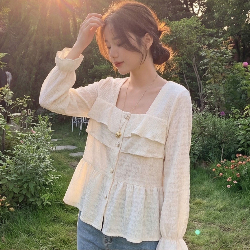 B178-1 란티슈 빅사이즈 여성 프릴 스퀘어넥 블라우스 봄가을용 25,900원