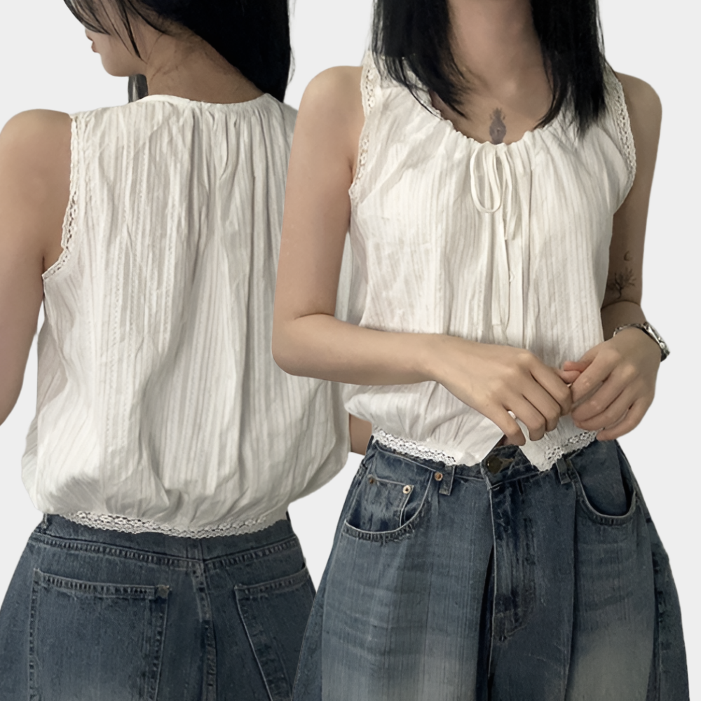 여성 리본 끈 펀칭 블라우스 티 레이스 민소매 나시 23,900원