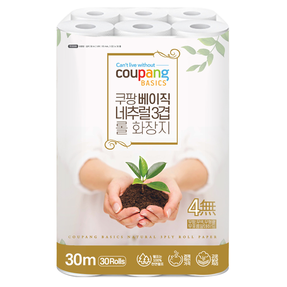 쿠팡베이직 네추럴 3겹 천연펄프 롤화장지 30m 11,890원