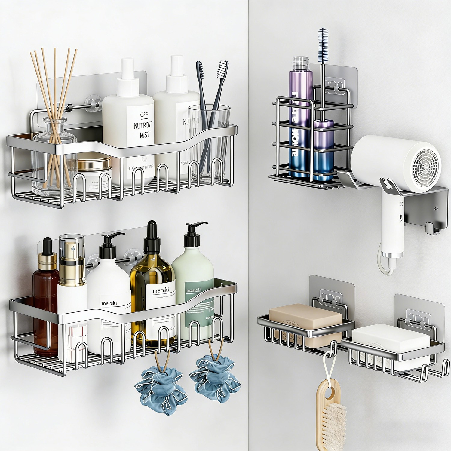 욕실선반 무타공 욕실 수납 세트 스테인리스 거치대 드라이기 비누거치대 칫솔바구니 6 종, 1세트, 은색 38,900원