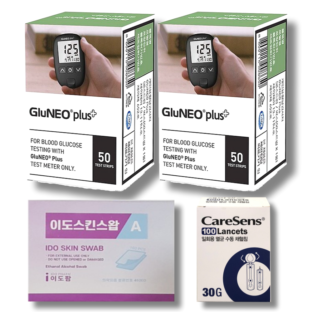 글루네오플러스 시험지 100매+채혈침 100개+알콜솜100매 혈당 검사지 측정지 체크지 GluNeo 오상헬스케어 23,500원