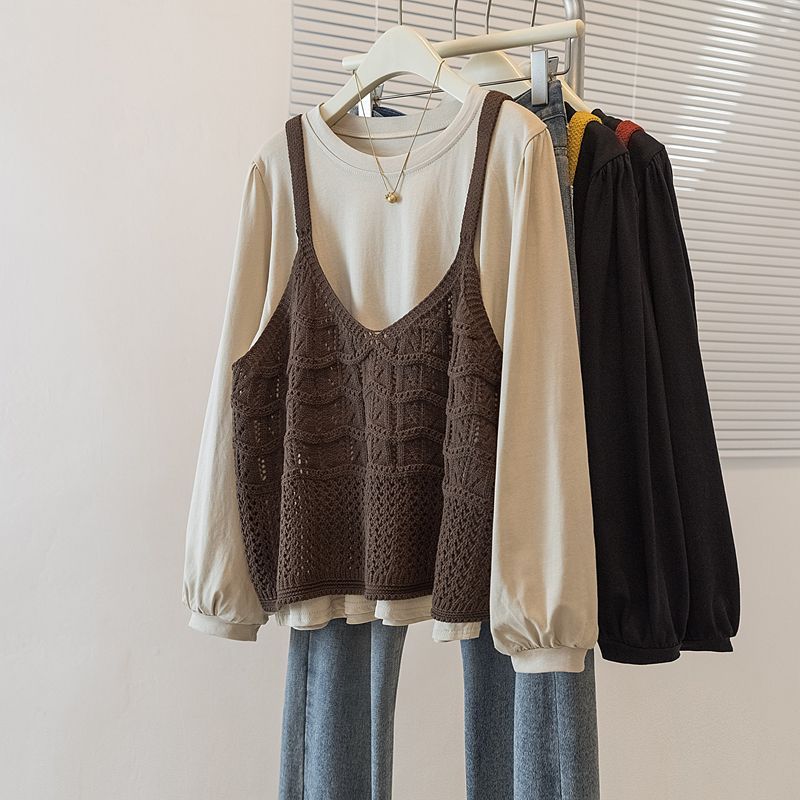 여성 레이어드 그물 숏 뷔스티에 니트 조끼 긴팔 티셔츠 투피스 세트 간절기 31,900원