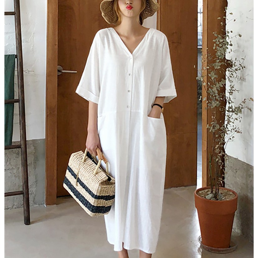 더사바 앞뒷트임 딥 브이넥 린넨원피스 여름 시원한 코튼 5부소매 롱원피스 37,000원