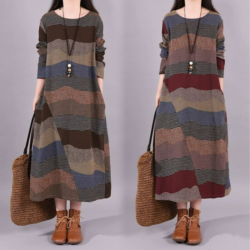 Asure 여자 빈티지 린넨원피스 스트라이프 루즈핏 라운드 롱원피스 29,890원