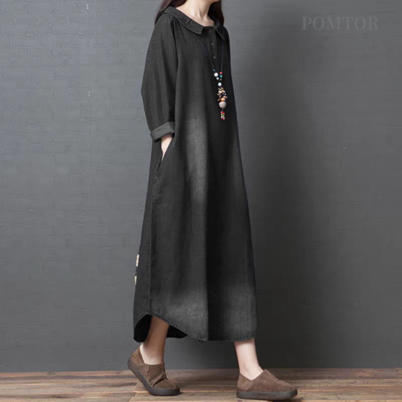 POMTOR 여성 봄 가을 패션 루즈핏 긴팔 셔츠넥 데님 원피스 36,420원