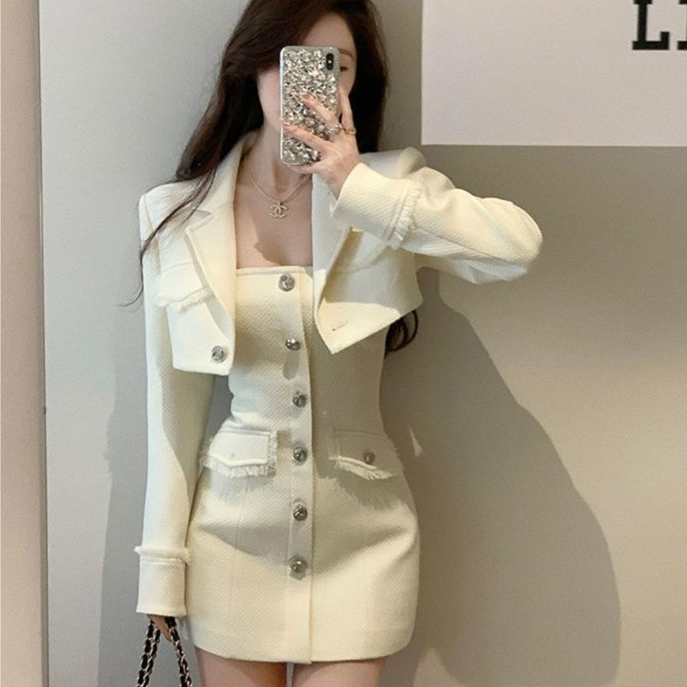 반하나봄 프리미엄 아이보리 트위드 크롭자켓 원피스 세트 슬림 미니 셋업 하객룩 데이트룩 오피스룩 57,800원