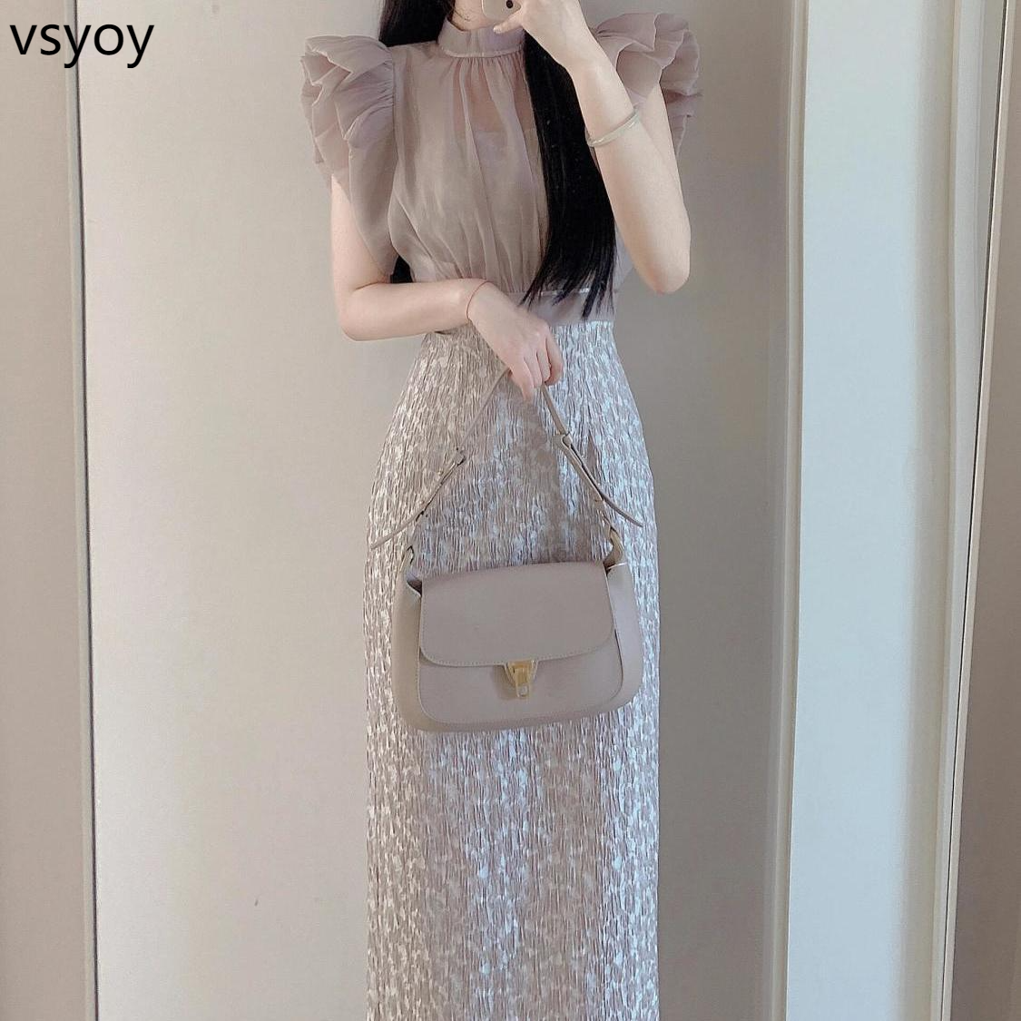 vsyoy 프랑스 스타일 메쉬 비행 슬리브 탑 절묘하고 아름다운 하이 엔드 슬링 원피스 세트 여성 57,370원